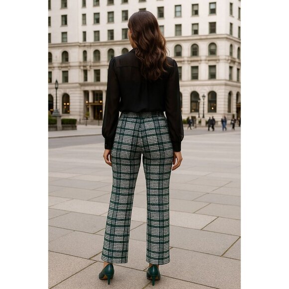 7th Avenue Large Houndstooth Plaid Pants Green Black Stretch Flare Work Trousers - Picture 5 of 10